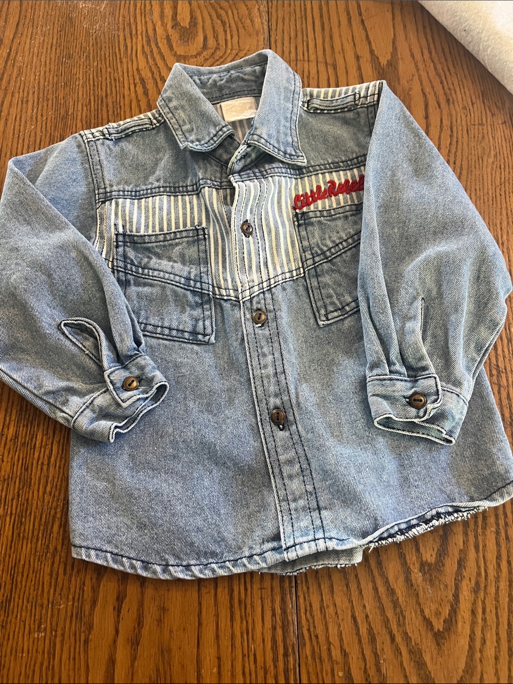 Vintage Little rebels Light Blue Denim Jacket with Striped Yoke and Red Stitchin